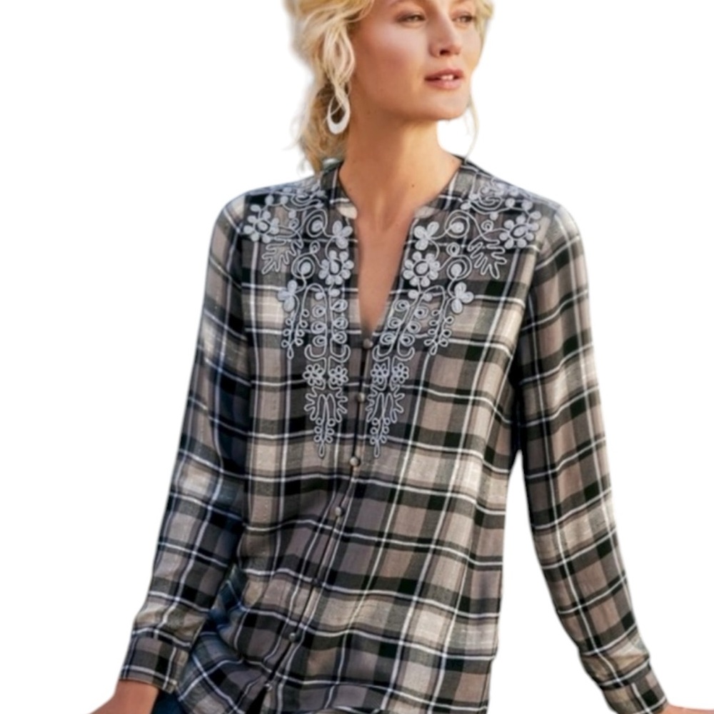 Soft Surroundings Estancia Tunic Plaid Floral Embroidered Top Shimmer EUC 1X